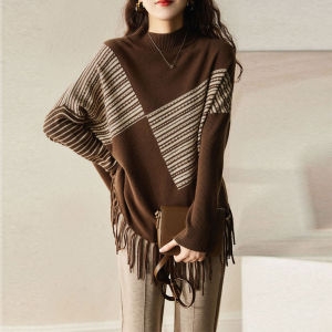 หลวม ผ้าขนสัตว์ถัก เสื้อสเวตเตอร์ สําหรับผู้หญิง คอกลมแขนยาวพิเศษ ความยาวปานกลาง ลำลอง สบาย เสื้อผ้าถัก มีพู่