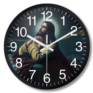 One Piece 8inch Religious Prayer Plastic Glass Wall Clock Living Room Bedroom Kitchen Home Decoration Wall Clock Silent Quartz Clock Easter Gift (No Battery)
