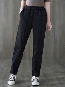plus Size Womens Cotton Linen Harlan Pants Loose Casual High Waist Long Trousers Korean Style Commute Pure Color Autumn Winter