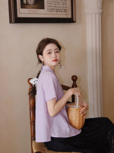 Hua Ji B752 Womens Short Sleeve Pure Cotton Embroidered Pleated Shirt Sweet College Style Summer Blouse Purple Grid Pattern