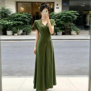 SENWA | Elegant Slimming Green Short Sleeve Dress