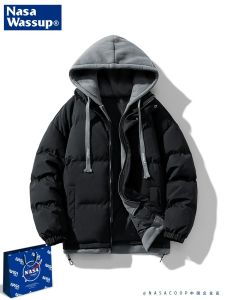 NASACOOP Trendy Brand Thickened Cotton Jacket Mens Winter Hooded Fake Two-Piece Cotton Coat Youthful Style Polyester Fiber