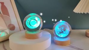 USB 3D Crystal Ball Night Light Table Lamp with Wooden Base for Birthday Gift