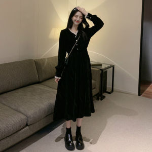 Black V Neck Dress Elegant Tunic Mid Length Dress Female Dinner Party Sweet Korean Dress