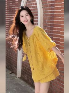 Yellow Small Fragrance Style Set Womens Fashionable Beautiful Two-Piece Suit Short Shorts Summer New Arrival Student Uniform