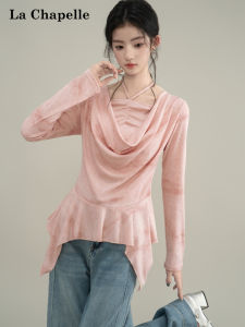 La Chapelle | Áo Thun Ôm Body Tay Dài Cổ Halter Màu Hồng Viền Bất Đối Xứng