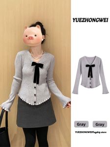 YUEZHONGWEI | Wood Ear Edge V-neck Bow Knit Sweater