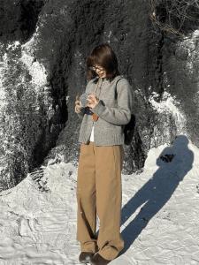 Retro Korean Khaki Wide Leg Pants Womens Winter Straight Cut Trousers Pear Shaped Body Elegant New Style Casual Pants