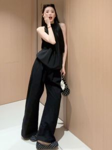 YUEZHONGWEI | Áo Blouse Voan Đen Dạng Halter Không Tay Cho Mùa Hè