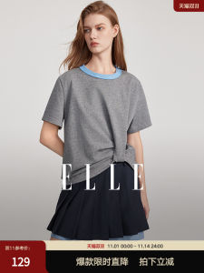 เสื้อยืดคอกลมแขนสั้นทรงสลิมฟิต ELLE สีเทา ทรงไม่สมมาตร ทรงเข้ารูป ฤดูร้อน 2025 เสื้อยืดคอกลมลายสก็อตสีบล็อกสำหรับผู้หญิง