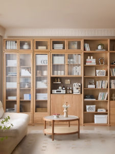 Rustic Solid Oak Floor Standing Bookcase Integrated Wall Mounted with Glass Door Storage Shelf Dustproof Combination Bookcase