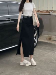 Elegant Black High Waist Slit Denim Skirt Slimming Design Commute Style Korean Fashion Half Body Skirt for plus Size Women