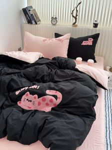 Girls Pink Black Cat Towel Cotton Washed Three Piece Bedding Set Dormitory Single Color Quilt Cover Pillowcase Bed Sheet