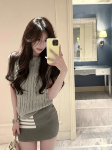 Summer One Set Matching Retro Twist Embroider Short Sleeve Knitwear TB Bodycon Dress High Waist Sheath Skirt Women