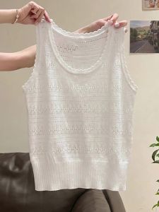 White Hollow Out Lace Round Neck Loose Knit Tank Top