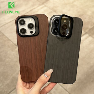 FLOVEME Luxury Wood Grain With Lens Holder Stand Phone Cases For iPhone 15 14 13 12 Pro Max With Full Camera Protection All-inclusive Business Dustproof PC Bumper Shockproof Back Cover For iphone 15 14 13 12