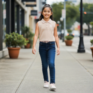 Moose Girl Dark Blue Denim Pants With Pink Belt (GDLP- 506 2528)