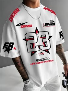 New Summer Mens Chicago Black Red and White Printed 23 Pattern Round Neck Breathable Casual T-shirt Loose Outdoor Top