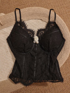 Pure Desire French Style Lace Trim Mini Strap Vest Top Womens Slim Fit Outerwear Short Length Shoulder Bared Belted Casual Wear