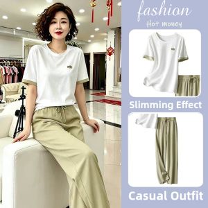 NUANPING | Color Block Casual Wear Set Short Sleeve Tshirt and Straight Pants