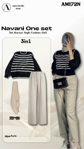 Setelan Outfit Wanita Kekinian (Blouse + Celana Knit + Hijab Paris Jadul kacamata) AM172N