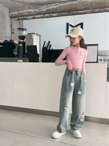New Maong Pants for Kids Girls 7-16years Fashion Jeans Denim Loose Pants Baggy Pants Straight Leg Pants Wide Leg Trousers Embroidery Trend Casual Jeans
