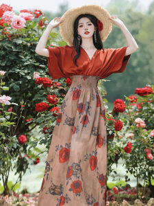 Great Northwest Tourism Exotic Style Beautiful Red Rose Dress Thailand Holiday Silm Fancy Oil Painting Dress