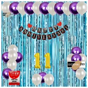 Set Dekorasi Pesta Balon Putih Ulang Tahun Pernikahan Banner Happy Anniversary Hitam Tirai Biru Muda