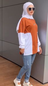 NARAGU - Kaos Kerut karet Tangan Panjang Kombinasi Aldira Twotone 2 warna Oversize Atasan Hijab