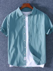 Mens Pure Cotton Short Sleeve Shirt Summer Thin Loose Casual Top Trendy Versatile Japanese Retro Shirt Half Sleeve Button Decorated