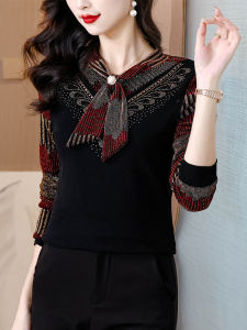 เสื้อเชิ้ตคอวีแขนยาวผู้หญิงฤดูใบไม้ร่วง/ฤดูหนาว ผ้ากำมะหยี่หนา ผ้าตาข่าย เสื้อชั้นใน ความรู้สึกหรูหรา เสื้อผ้าสำหรับคุณแม่ อบอุ่น