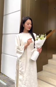 QC_ Set áo dài cách tân mặc Tết chất Gấm hoa nổi cổ kết tay lửng dáng suông phối quần Lụa Satin