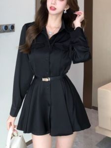 Bộ Váy Dài Tay Cổ Bẻ Thanh Lịch Mùa Thu 2024 Bộ Váy Hai Mảnh Váy Sơ Mi Cạp Cao Kiểu Dáng Chữ a Chất Liệu Polyester