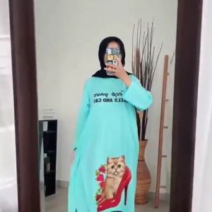 MIdi Dress Terbaru 2024 Meow Bahan Combed Apk Sablon Long Tunik Oversize Ootd Hijab Style