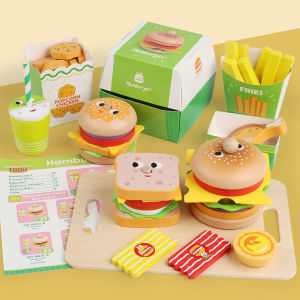 Children Pretend Play Wooden Hamburger Chips Set Kids Kitchen Toys Learning Educational Montessori Toys Pretend Play Toy