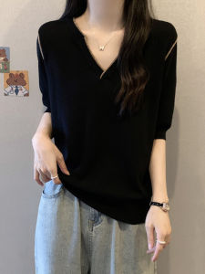 Ice Silk Knitted Short Sleeve T-Shirt Womens plus Size Summer Base Shirt Shoulder Width Regular Length V-Neck Black Top