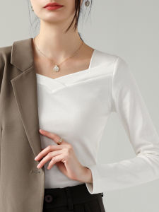 Womens Long Sleeve T-Shirt White Slim Fit Inner Wear Spring Autumn Versatile Outerwear Ready-to-Wear V-Neck Casual Top