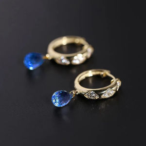 Bông Tai Topaz Xanh Đính Hột Gemstone Hình Giọt Nước