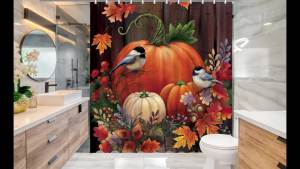 Fall Thanksgiving Pumpkin Shower Curtains for Bathroom Waterproof Autumn Bird Orange Shower Curtain Set with 12 Hooks 72x72