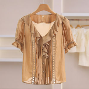 Hem Lace Single Button Short Sleeve Chiffon Blouse