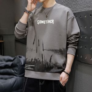 ROMON | Romon Mens Round Neck Long Sleeve Sweatshirt Casual Bottoming T-shirt Fashionable Spring Autumn Print Youth Loose Fit Antibacterial