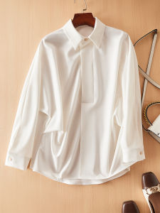 Elegant Loose Womens Long Sleeve White Shirt with Soft Feel Natural Door Trim OL Style Polyester Viscose Spandex Blend