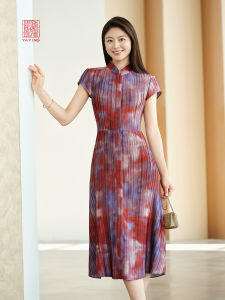 EP Yaying Premium Series Gradient Pressure Folded Waist Stand Collar Improved Cheongsam Dress Short Sleeve Mid-Length Skirt