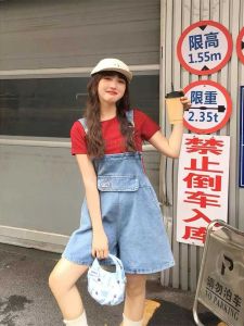 Cute Sweet Girl Rabbit Ears Denim Suspenders Female Summer Small Dopamine Loose Wide Leg A- line Short Pants