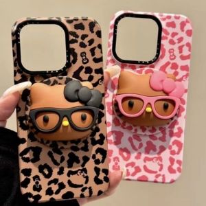 Sanrio | Luxury Brown Pink Leopard Print Sanrio KT Magnetic Stand Holder Phone Case For iphone 17 16 15 14 Pro Max Shockproof Phone Cover