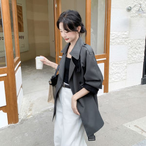 Deep Grey Korean Style Womens Coat Autumn New England Style Medium Length Elegance Windbreaker Outerwear Casual Commute