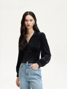 Vero Moda | Autumn New Silk Velvet Turn-Down Collar Puff Sleeves Shirt