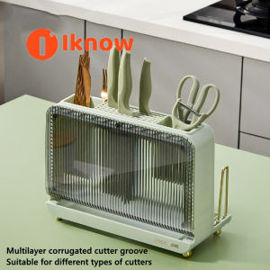 I know Household kitchen multifunctional knife holder chopping board holder light luxury table top can drain and moistureproof chopsticks spoon integrated shelf