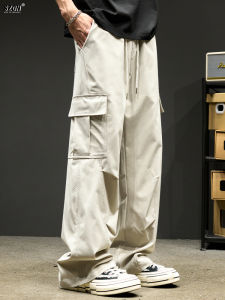กางเกงทำงานผ้าไหมน้ำแข็งสำหรับผู้ชาย กางเกงขายาวทรงหลวมขาตรงบางสำหรับฤดูร้อน กระเป๋าหลายช่อง กางเกงขายาวลำลองสไตล์อเมริกัน