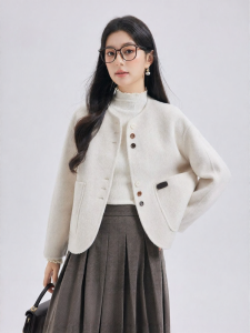 Woolen Coat for Women Short Round Collar Beige
